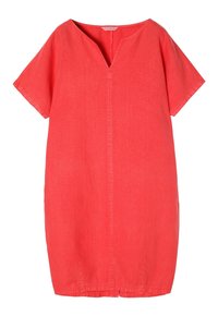 Rotes kurzes Leinenkleid mit kurzen Ärmeln, V-Ausschnitt und lockerem, geradem Schnitt, mit sichtbaren Nähten entlang der Vorderseite und dem Saum.
