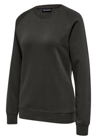 Dunkelgrünes Sweatshirt mit langen Ärmeln und Rundhalsausschnitt, gerippte Bündchen und Saum, mit einem kleinen schwarzen hummel-Logoetikett am Halsausschnitt.