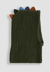 Zelená žebrovaná pletená čepice s barevnými trojúhelníkovými akcenty v oranžové, modré, černé a hnědé barvě, která ukazuje texturovanou tkaninu.