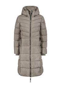 Gepolsterter langer Mantel in hellem Taupe mit Kapuze, Reißverschluss vorne und seitlichen Taschen. Texturierte Einsätze erzeugen ein steppfadenähnliches Erscheinungsbild.
