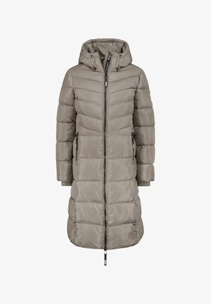 Gevoerde lange jas in licht taupe met een capuchon, rits aan de voorkant en zijzakken. Getextureerde panelen geven een gebreide uitstraling.