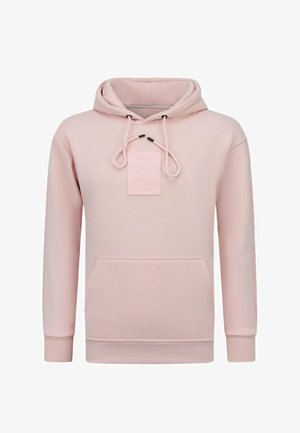 Lichtroze sweatshirt met capuchon en trekkoorden, een voorkantzak en een opvallend gestructureerd logoplaatje. Soepele stof en geribbelde manchetten.