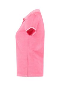 Kort rosa polo tröja i bomull, med krage, korta ärmar och knappslå. Slät textur och rak passform.