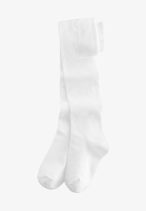Chaussettes blanches montantes en tissu doux et extensible avec une texture lisse. Elles présentent un haut replié et un design à bout arrondi.
