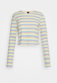 Top cropped de manga longa riscado em cores claras, apresentando listras horizontais nas cores rosa, amarelo, azul e branco. Tecido macio e elástico.
