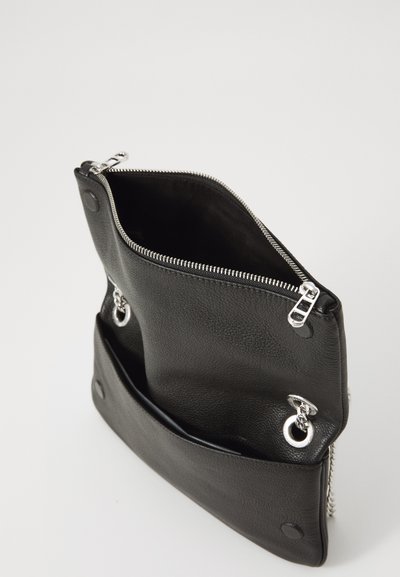 Black leather crossbody bag with silver zipper and chain details, open showing interior and front slip pocket on white background.