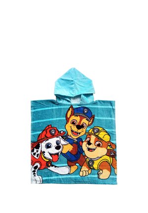 Accappatoio per bambini con cappuccio, con tre cuccioli animati in divise da pompiere, poliziotto e operaio su uno sfondo a righe blu.