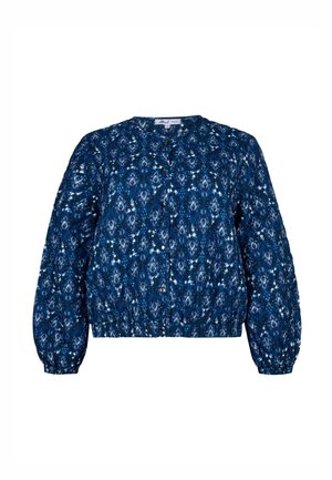 Blauwe blousejas met patroon, lange opgeblazen mouwen en elastische zoom en manchetten.