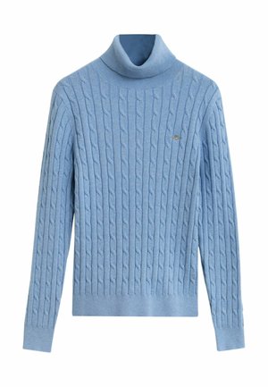 Light blue knitted turtleneck sweater with a ribbed texture, featuring cable patterns, long sleeves, and a fitted design.