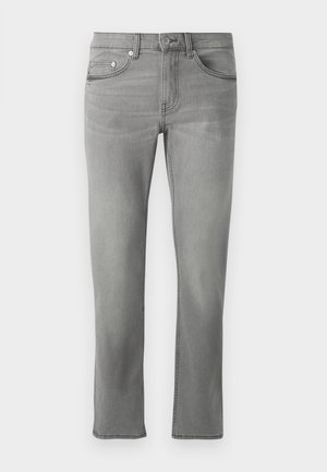 Gray denim jeans with a straight fit, five-pocket design, and subtle whiskering effect on the fabric. Features metal button and zipper closure.