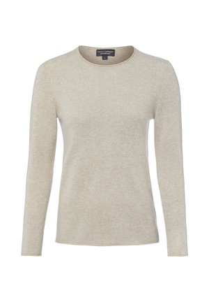 Beige kasjmier trui met lange mouwen, ronde hals, slim fit en label met de tekst "Franco Callegari pure cashmere" in maat small.