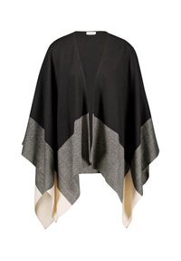 Sort og grå poncho med V-hals, der har et trekantet mønster og cremefarvede accenter ved kanterne. Fremstillet af blødt stof.