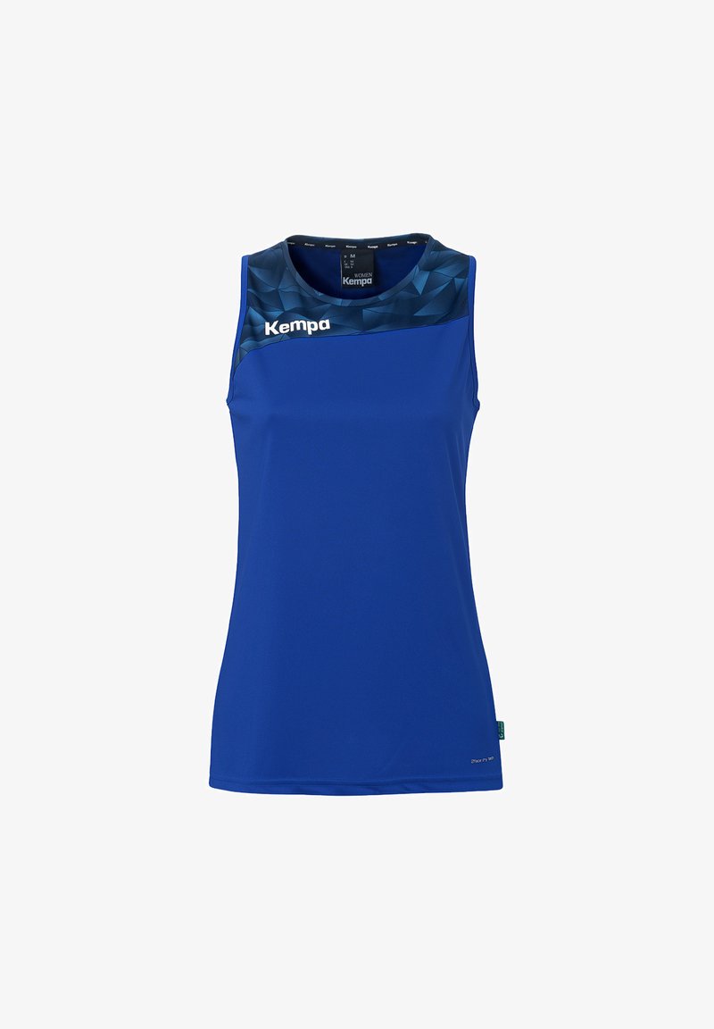 Haut de sport bleu sans manches avec un motif géométrique bleu foncé sur le haut de la poitrine et le logo « Kempa » sur le côté gauche.