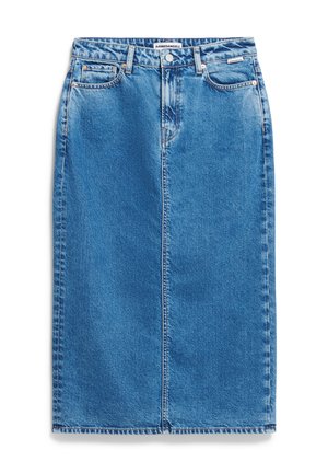 Denim rok in medium blauw, met een rechte snit, hoge taille, voorzakken en subtiele stikdetails.
