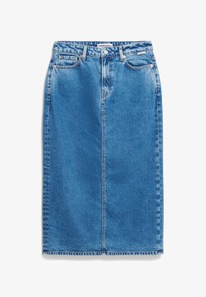 Jeansrock in mittlerem Blau, mit geradem Schnitt, hoher Taille, Vordertaschen und subtilen Nähten.