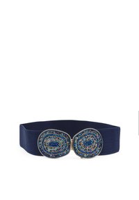 Cintura elastica blu con due intricati accenti circolari di perline nei toni del blu e oro con una finitura testurizzata.
