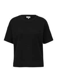 Zwarte T-shirt met korte mouwen van een gestructureerde stof, met een ronde hals en een losse pasvorm, voorzien van subtiele horizontale strepen.