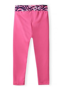 Růžové legíny vyrobené z hladkého materiálu, s černým a růžovým vzorovaným pasem. Design je obtažený a sahá až ke kotníkům.