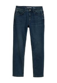 Jeans de mezclilla azul oscuro con corte recto. Presentan cinco bolsillos, cremallera en la bragueta y costuras en contraste a lo largo de las costuras.