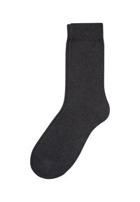 Calcetín de algodón gris oscuro con un puño acanalado, textura suave y talón y puntera reforzados. Diseñado para comodidad y durabilidad.