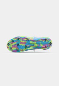 Multicolored soccer cleat sole in blue, green, pink, and yellow tie-dye pattern with six black studs for grip. Transparent design feature noted.