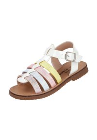 Sandalia de cuero blanca con tiras de purpurina multicolor (rosa, azul, amarillo y dorado) y un hebilla ajustable en el tobillo. Suela plana.