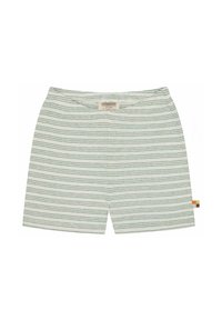 Pantaloni corti leggeri in cotone con righe orizzontali verdi e bianche, vita elastica e un'etichetta multicolore sul lato.
