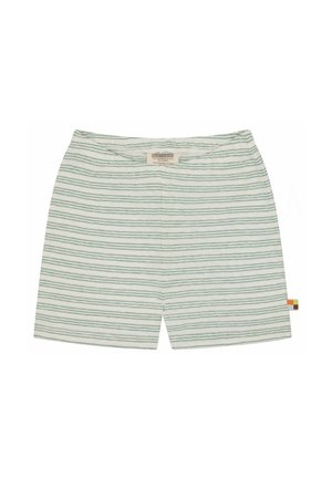 Pantaloni corti leggeri in cotone con righe orizzontali verdi e bianche, vita elastica e un'etichetta multicolore sul lato.