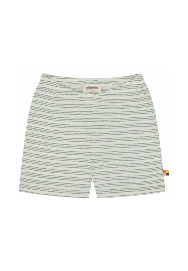Pantaloni corti leggeri in cotone con righe orizzontali verdi e bianche, vita elastica e un'etichetta multicolore sul lato.