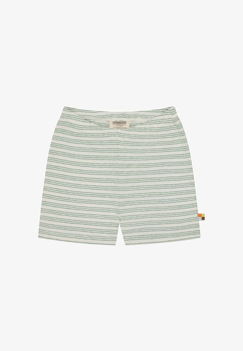 Lichte katoenen shorts met groene en witte horizontale strepen, elastische tailleband en een meerkleurig label aan de zijkant.