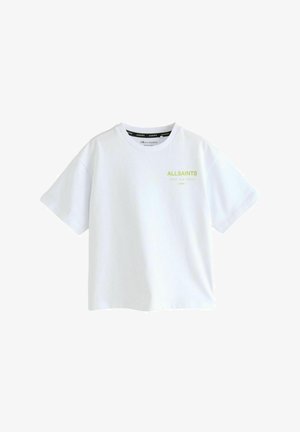 Witte katoenen T-shirt met korte mouwen en een ronde hals. Heeft een subtiele groene "ALLSAINTS" logo op de voorkant.