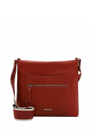 Red leather crossbody bag with a textured finish, featuring a front zip pocket and a patterned adjustable strap. Brand logo displayed.