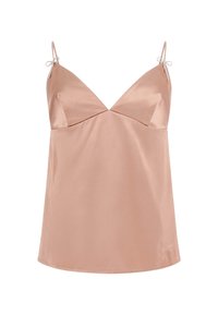 Šviesiai rožinė satino topas su V formos iškirpte, plonomis petnešėlėmis ir deimantiniais akcentais. Yra laisvas kirpimas ir subtilus logotipas, siuvinėtas ant sijono.