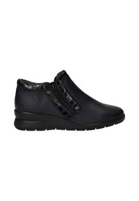 Bottes de cheville en cuir bleu foncé avec une finition lisse, dotées d'accents noirs brillants et de deux zips latéraux pour un enfilage facile. Talon en caoutchouc bas.