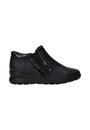 Bottes de cheville en cuir bleu foncé avec une finition lisse, dotées d'accents noirs brillants et de deux zips latéraux pour un enfilage facile. Talon en caoutchouc bas.