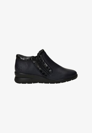 Dunkelblaue Leder-Stiefeletten mit glatter Oberfläche, ausgestattet mit glänzenden schwarzen Akzenten und zwei seitlichen Reißverschlüssen für einfaches An- und Ausziehen. Niedriger Gummihacken.