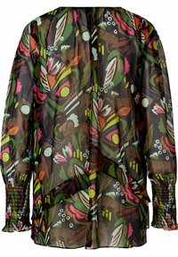 Lange mouwen, lichtgewicht blouse van doorschijnende stof met een veelkleurig bloemenpatroon met accenten in roze, groen en bruin. Gerimpelde manchetten.