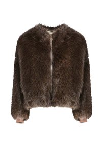Giacca corta in ecopelliccia marrone con scollo rotondo e chiusura frontale con zip. Presenta una texture morbida e polsini soffici di colore contrastante.