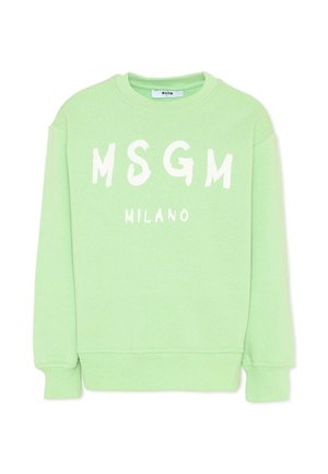 Lichtgroene crewneck-trui met witte "MSGM"- en "MILANO"-teksten aan de voorkant, lange mouwen en geribbelde boorden en zoom.