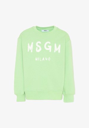 Lichtgroene crewneck-trui met witte "MSGM"- en "MILANO"-teksten aan de voorkant, lange mouwen en geribbelde boorden en zoom.
