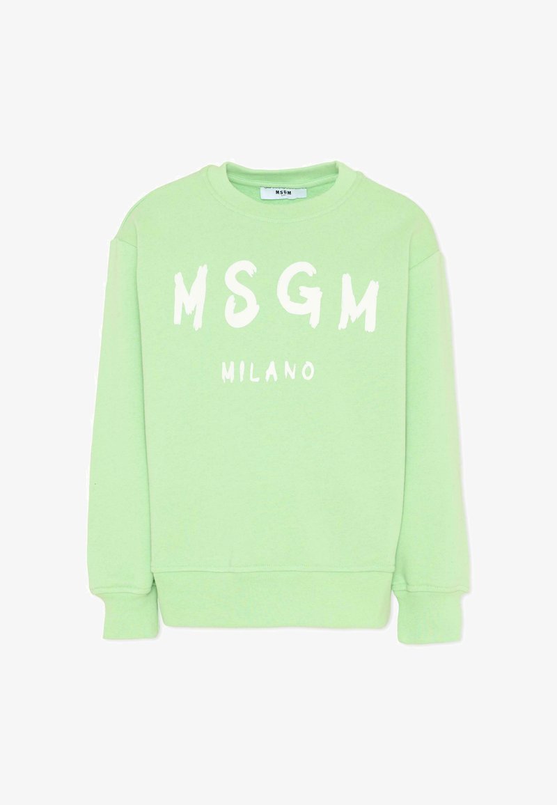 Jasnozielona bluza crewneck z białym nadrukiem "MSGM" i "MILANO" na przodzie, z długimi rękawami oraz ściągaczami przy mankietach i na dole.