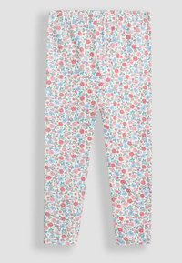 Gėlėti legginsai su elastinga juosta. Pagaminti iš švelnios medžiagos, su balta fono spalva ir rožinėmis bei mėlynomis gėlių raštais.