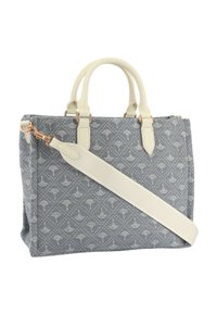 Sac fourre-tout structuré en toile grise avec un motif floral blanc, doté de deux poignées supérieures et d'une bandoulière amovible couleur crème. Quincaillerie dorée.