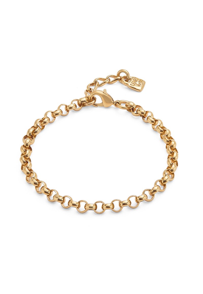 Pulsera de metal dorado con diseño de cadena enlazada, cierre de langosta y longitud de cadena ajustable. Acabado pulido con textura suave.