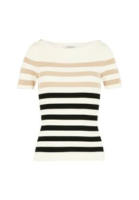 Top à manches courtes rayé avec une texture côtelée, présentant des bandes alternées de crème, beige et noir, avec des accents de boutons aux épaules.