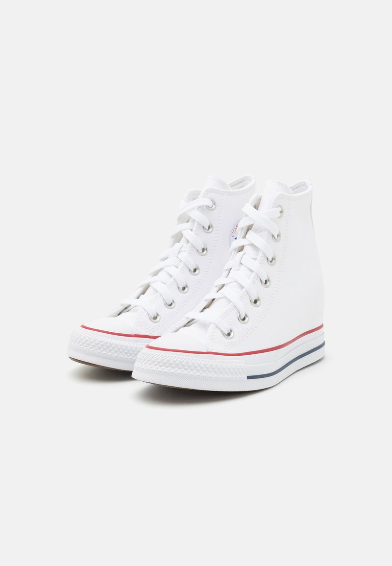 Zapatillas altas blancas de lona con ojales de metal, que presentan una puntera de goma y rayas rojas y azules en la suela.