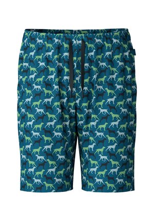 Zwemshorts met een teal achtergrond en een herhaald patroon van honden in zwart, wit en groene tinten; elastische tailleband met trekkoord.