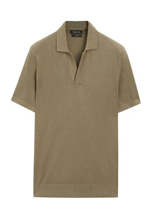 Polo shirt verde oliva a maniche corte con colletto a V aperto, tessuto in cotone testurizzato e orlo a costine.