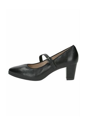 Zapato de tacón Mary Jane de cuero negro con punta redondeada, correa ajustable en el tobillo y tacón cuadrado texturizado. Acabado suave y diseño sencillo.