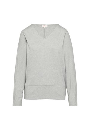 Szary top z dekoltem w serek, z długim rękawem i luźnym krojem. Wykonany z miękkiego materiału, z wykończeniem szwów i subtelną strukturą. Klasyczny, swobodny design.